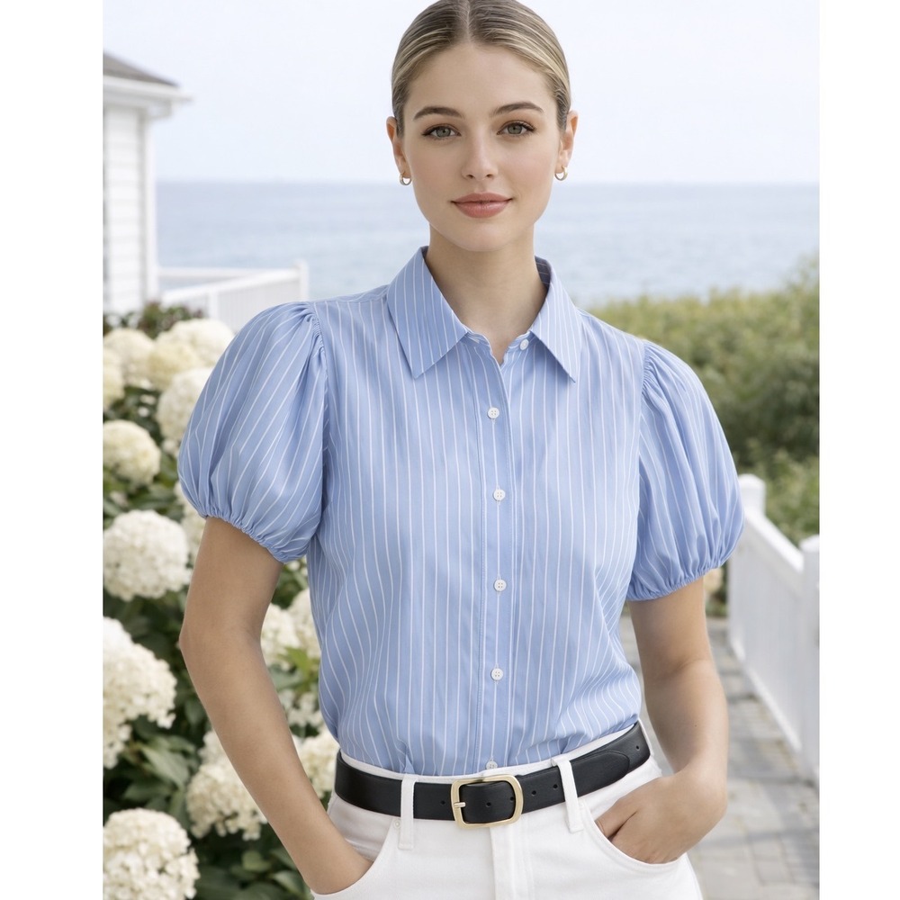J.Crew‎ Gamine Puff Sleeve Blouse Womens 16 Blue Pinstripe Preppy Cotton Top